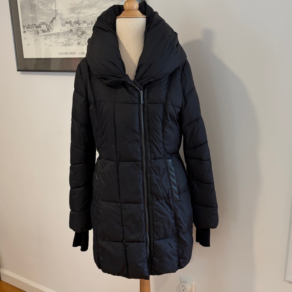 French Connection Black Quilted Funnel-Collar Puffer Coat